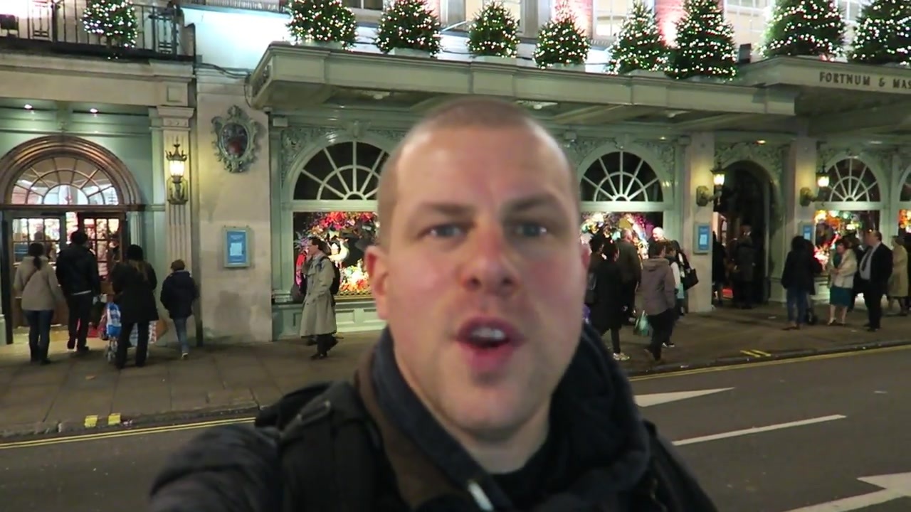 Barry introducing the Christmas shopping trip outside Fortnum & Mason