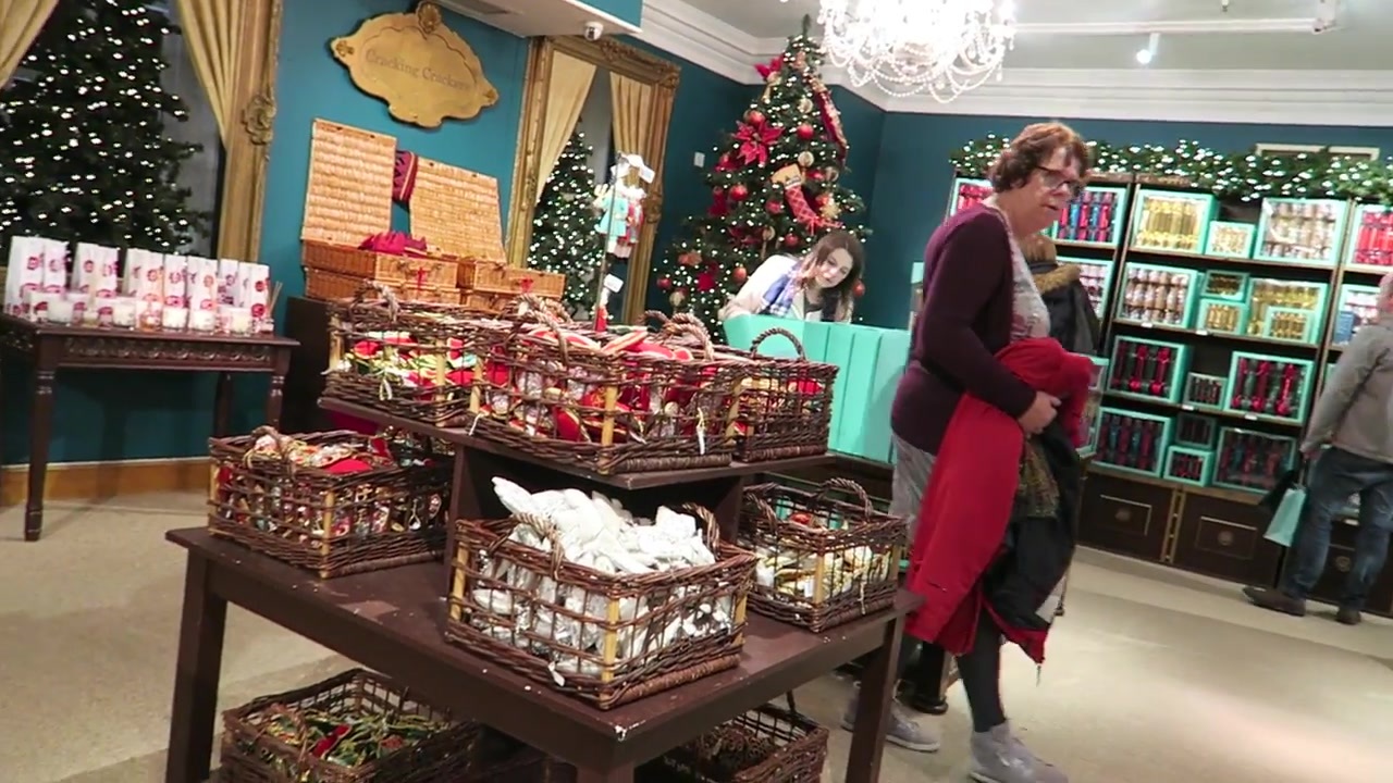 Seasonal gifts and Christmas decorations displayed inside Fortnum & Mason