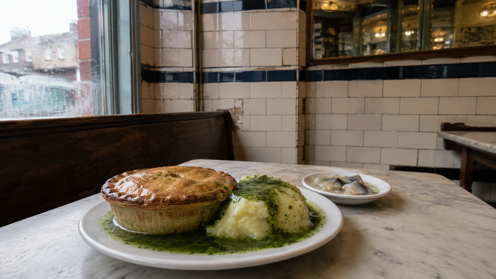 Traditional pie and mash with parsley liquor in a tiled East London eating house