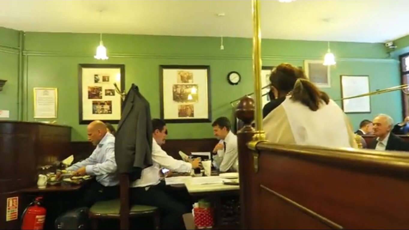 Historic communal dining room inside Simpson’s Tavern in the City of London