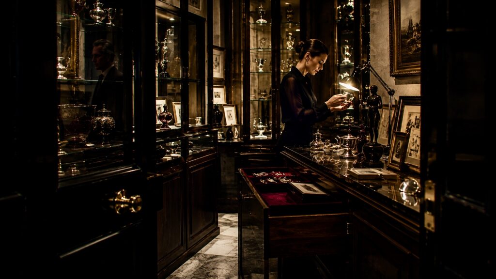 Antique shop view through an open door