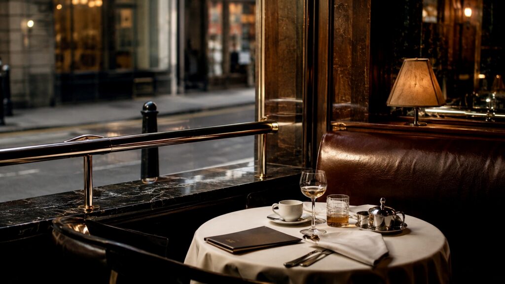 Cozy café interior with city view
