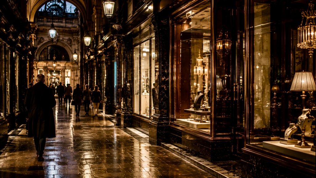 Elegant arcade at dusk