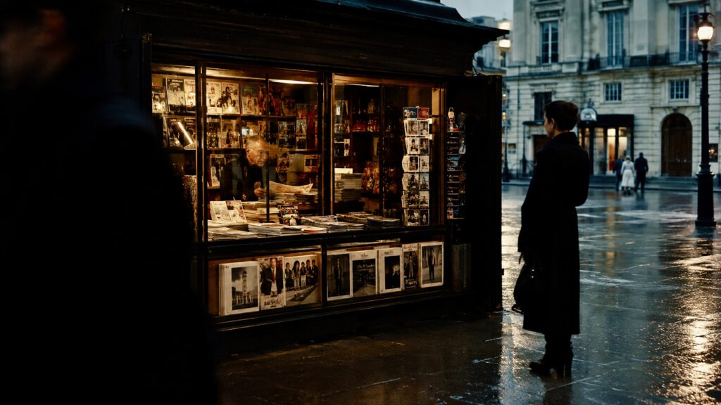 Evening rain by the newsstand