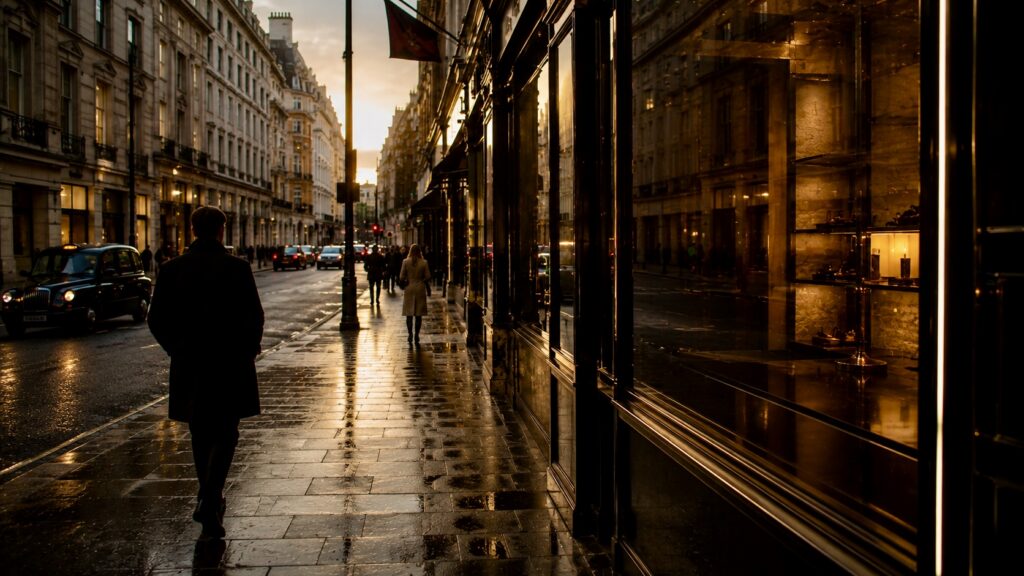Golden hour stroll on a wet street