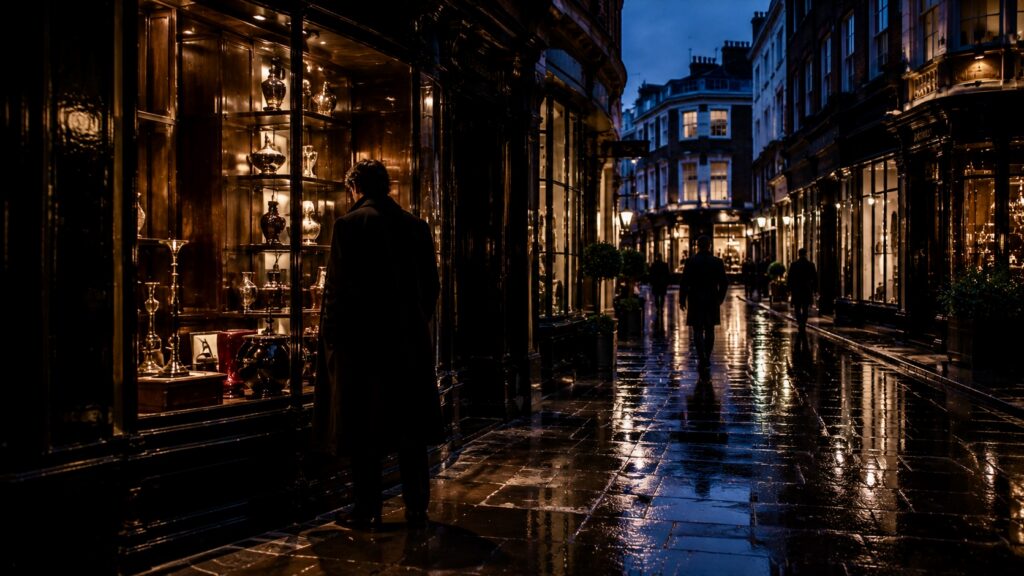 Person in a long black coat pausing at an illuminated shop window on a rain-wet Covent Garden side street at blue hour