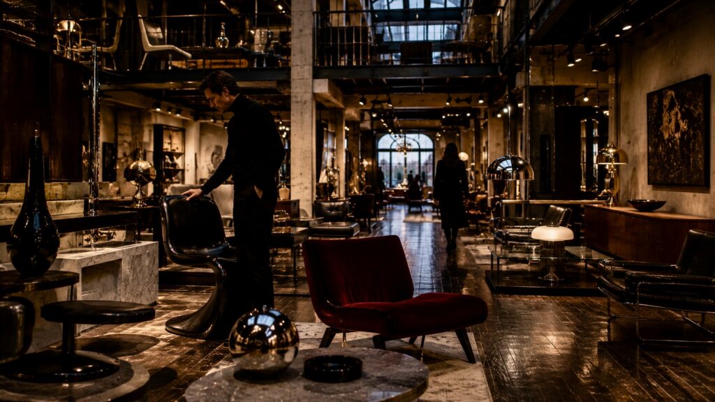 Multi-level modern furniture and design showroom in a converted Covent Garden warehouse with dark wood and sculptural seating
