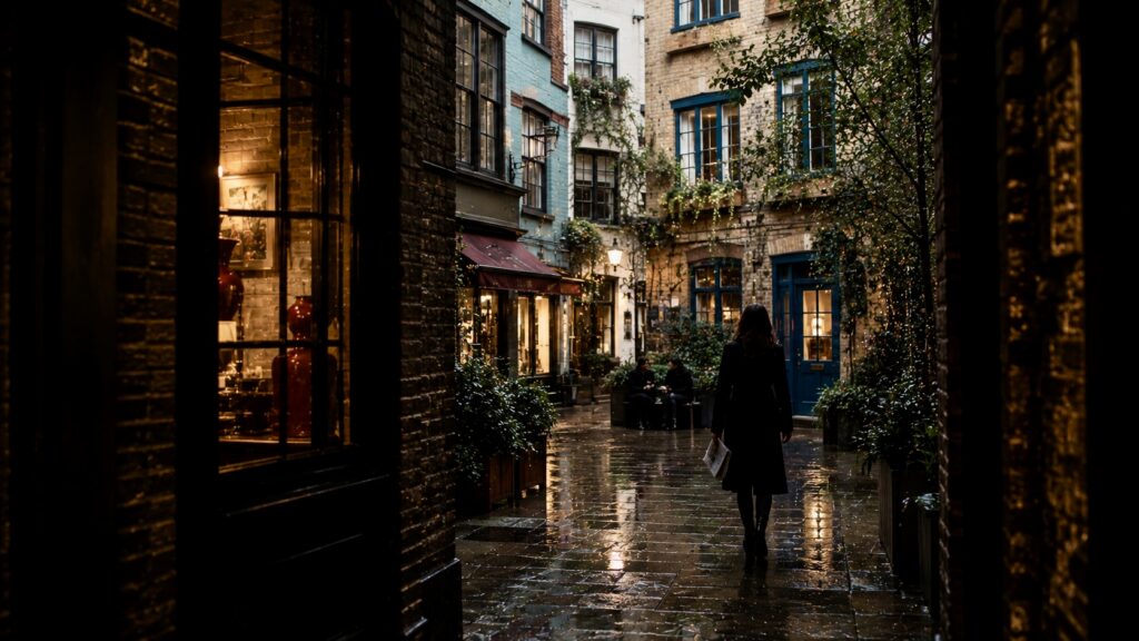 Woman in a black coat walking into Neal’s Yard after rain, with muted historic façades and warmly illuminated shops