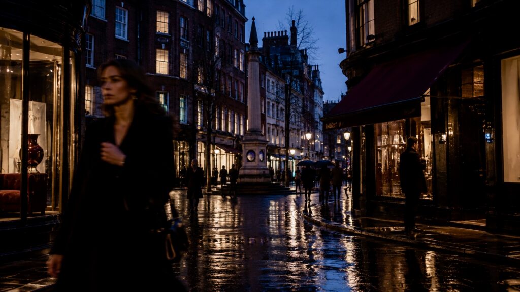 Seven Dials in Covent Garden after rain at blue hour, with the historic monument, illuminated shops and pedestrians