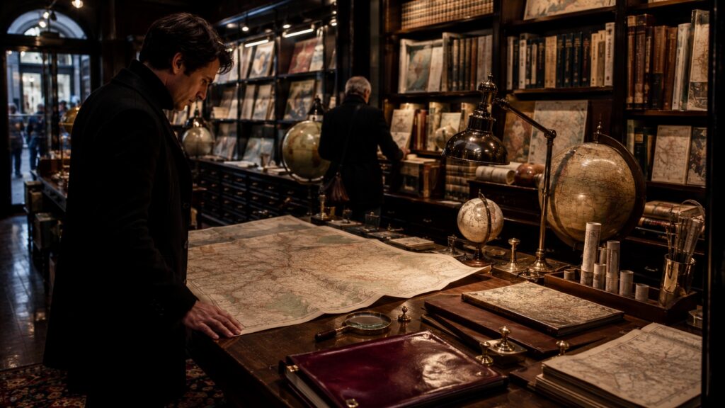 Specialist London map and travel bookshop with globes, atlases and an unfolded map on a large wooden table