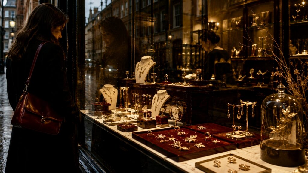Delicate nature-inspired gold jewellery displayed in the window of an intimate Covent Garden boutique at dusk