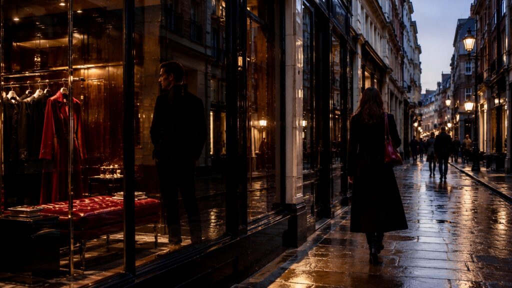 Floral Street in Covent Garden at dusk, with fashion boutiques, illuminated shop windows and pedestrians on rain-wet pavement