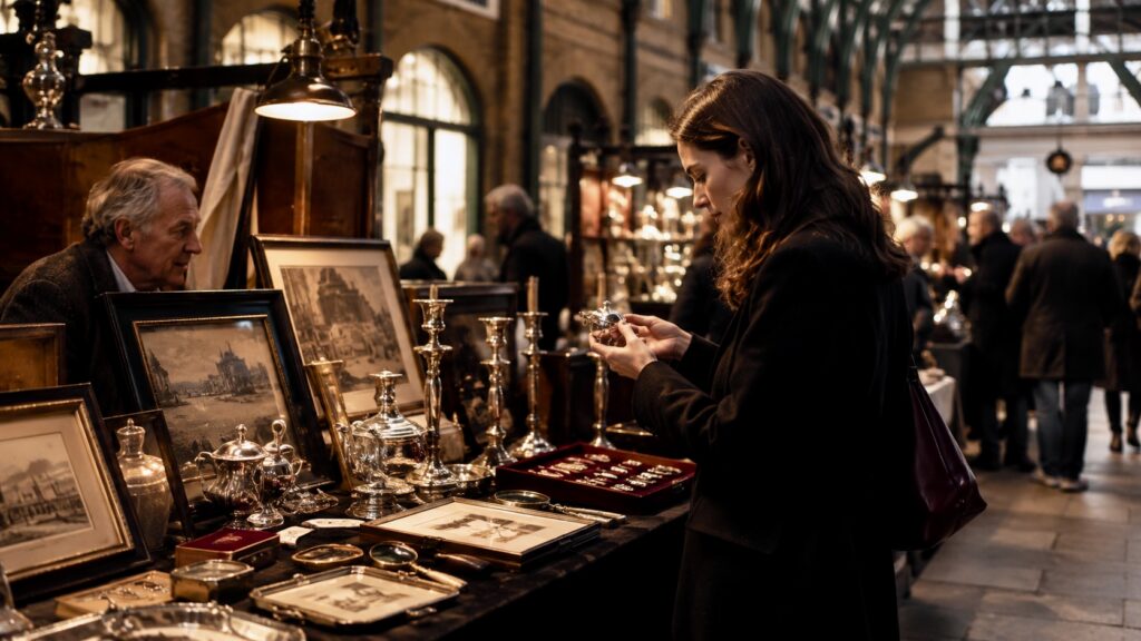 Antiques and collectables displayed on a market stall beneath the historic covered Apple Market in Covent Garden