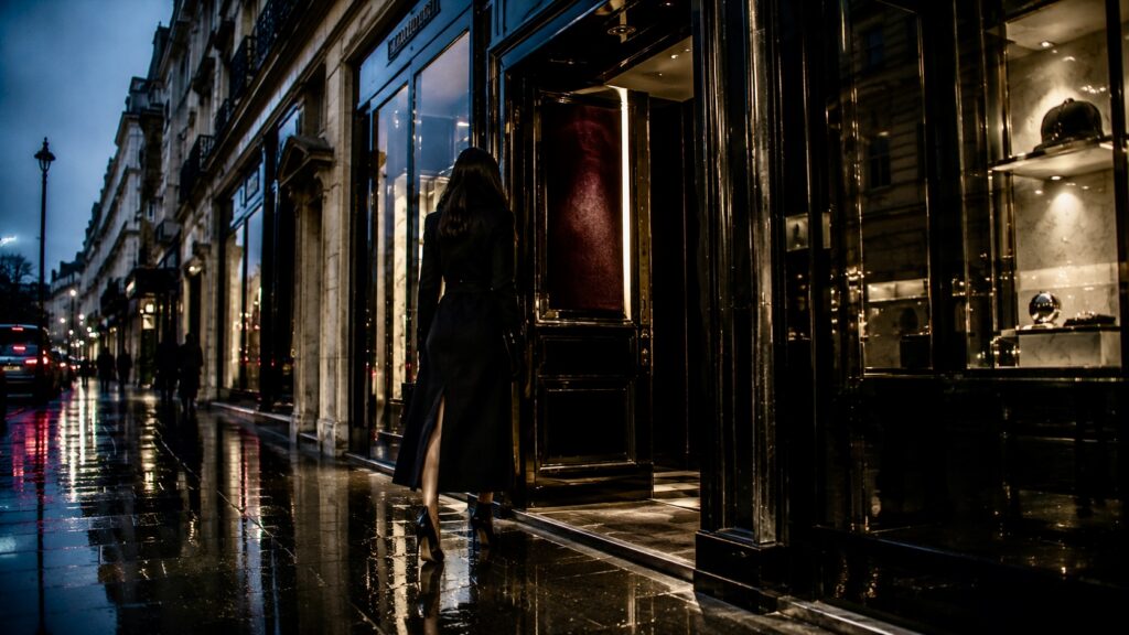 London shops Rainy street elegance at dusk