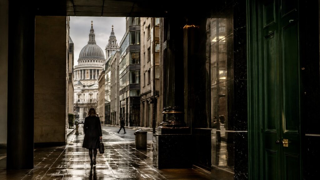 Moody city street with distant cathedral