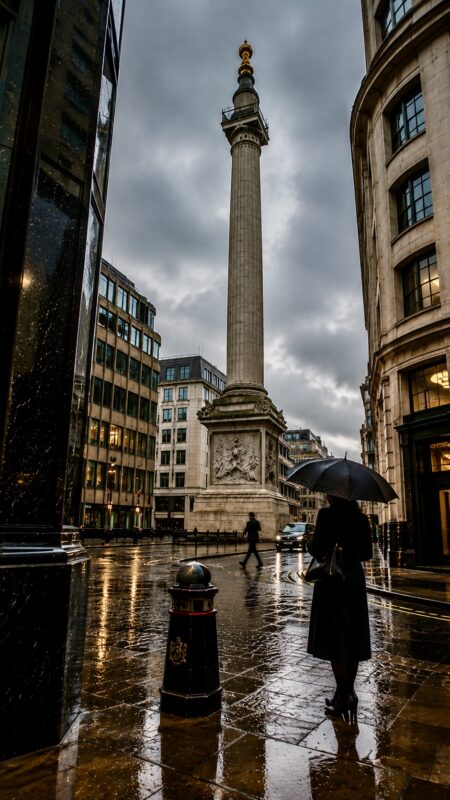 Rainy London street with monument and reflections vertical