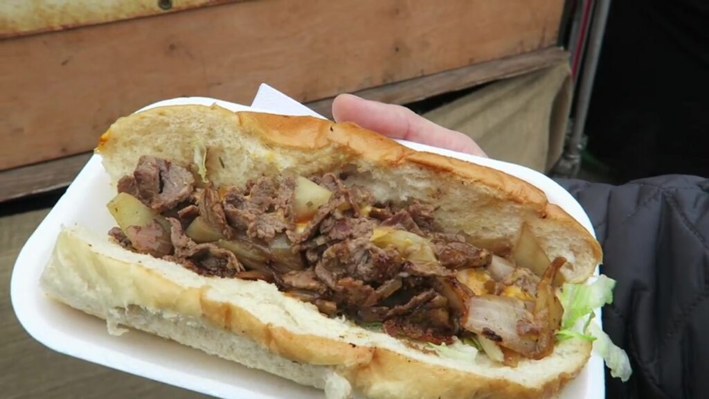 Philly cheesesteak with chopped beef, onions and melted cheese at Camden Market in April 2016.