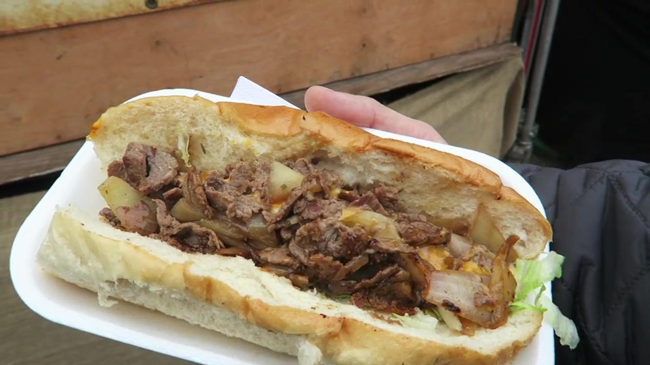 Philly cheesesteak with chopped beef, onions and melted cheese at Camden Market in April 2016.