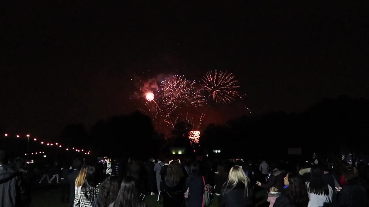 Red fireworks glowing above the crowd at Victoria Park in East London