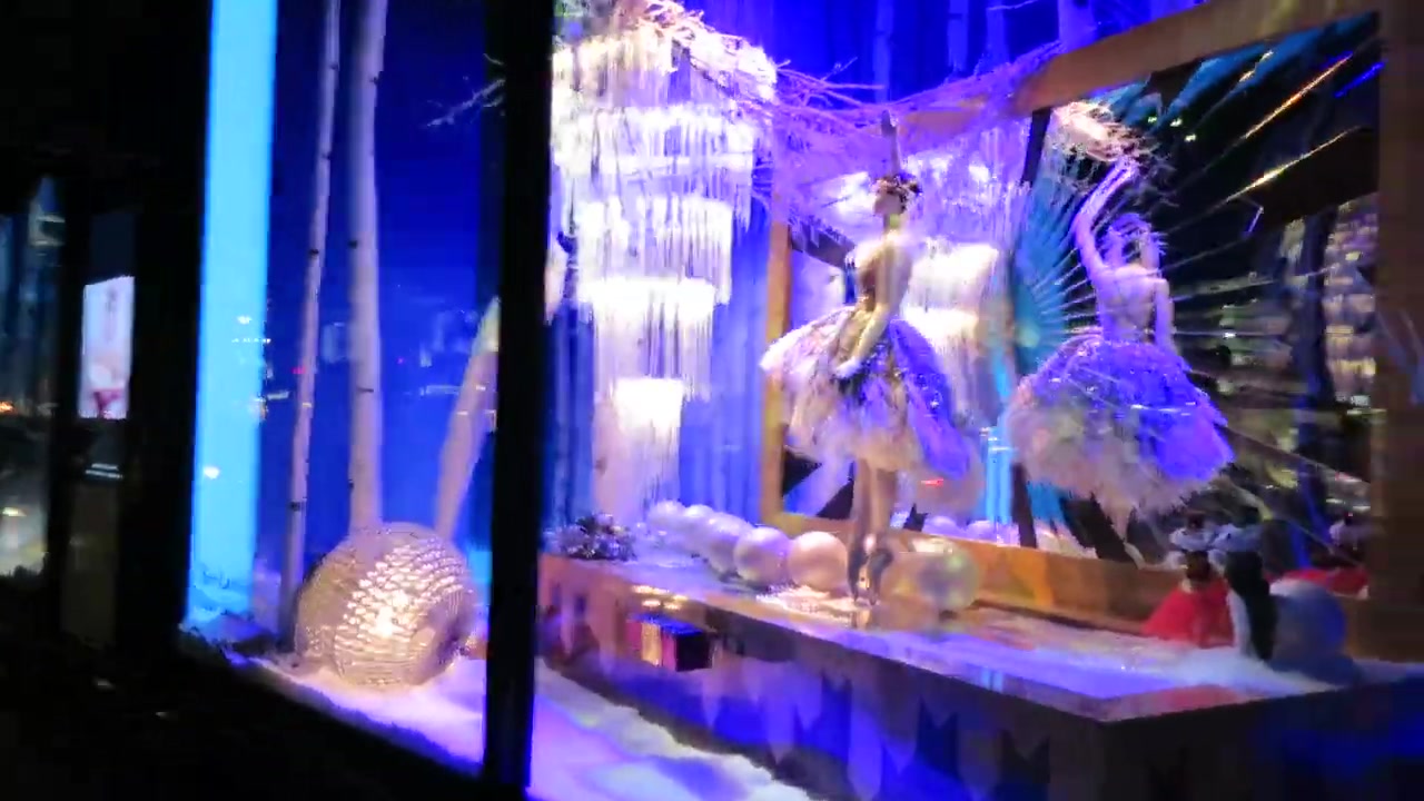 Ballerinas displayed in an ice-blue Harrods Christmas window in 2014