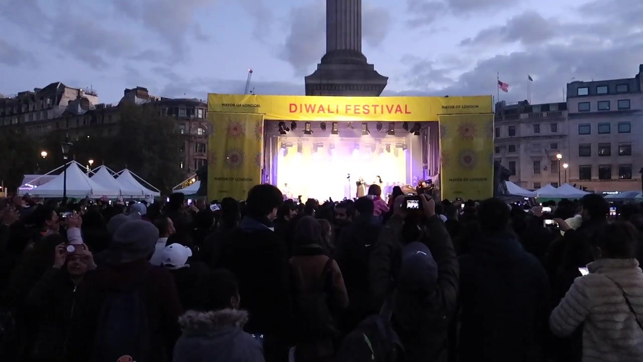 Main stage at the 2018 Diwali festival in Trafalgar Square at dusk