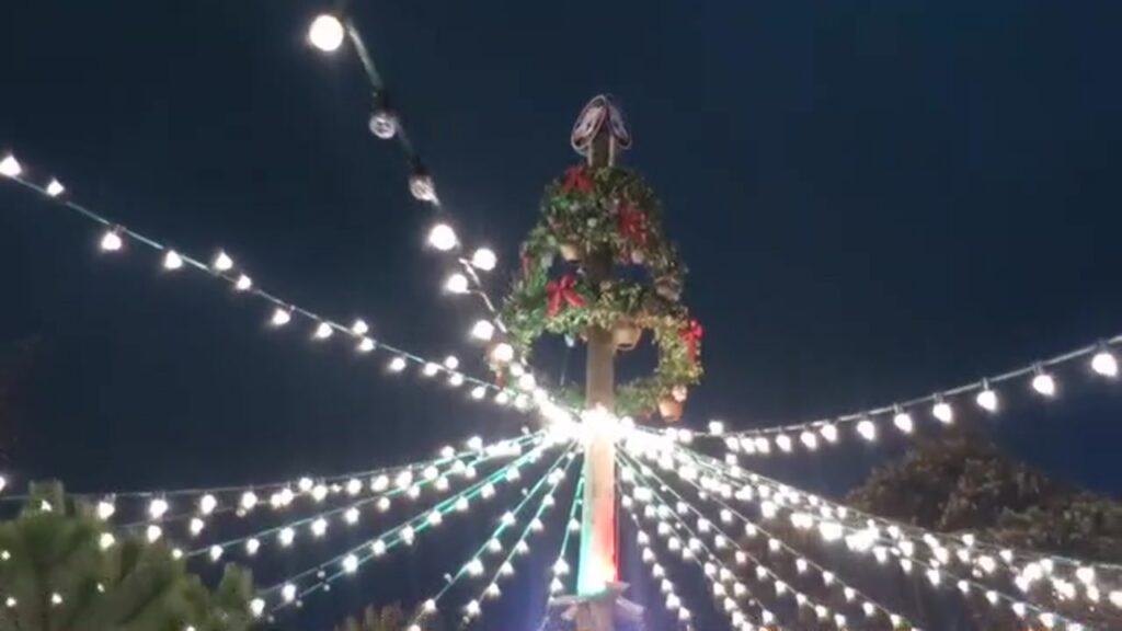 Illuminated Christmas tree beneath radiating lights at Hyde Park Winter Wonderland