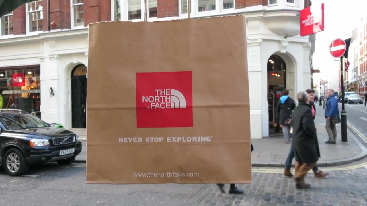 North Face shopping bag outside the Covent Garden shop