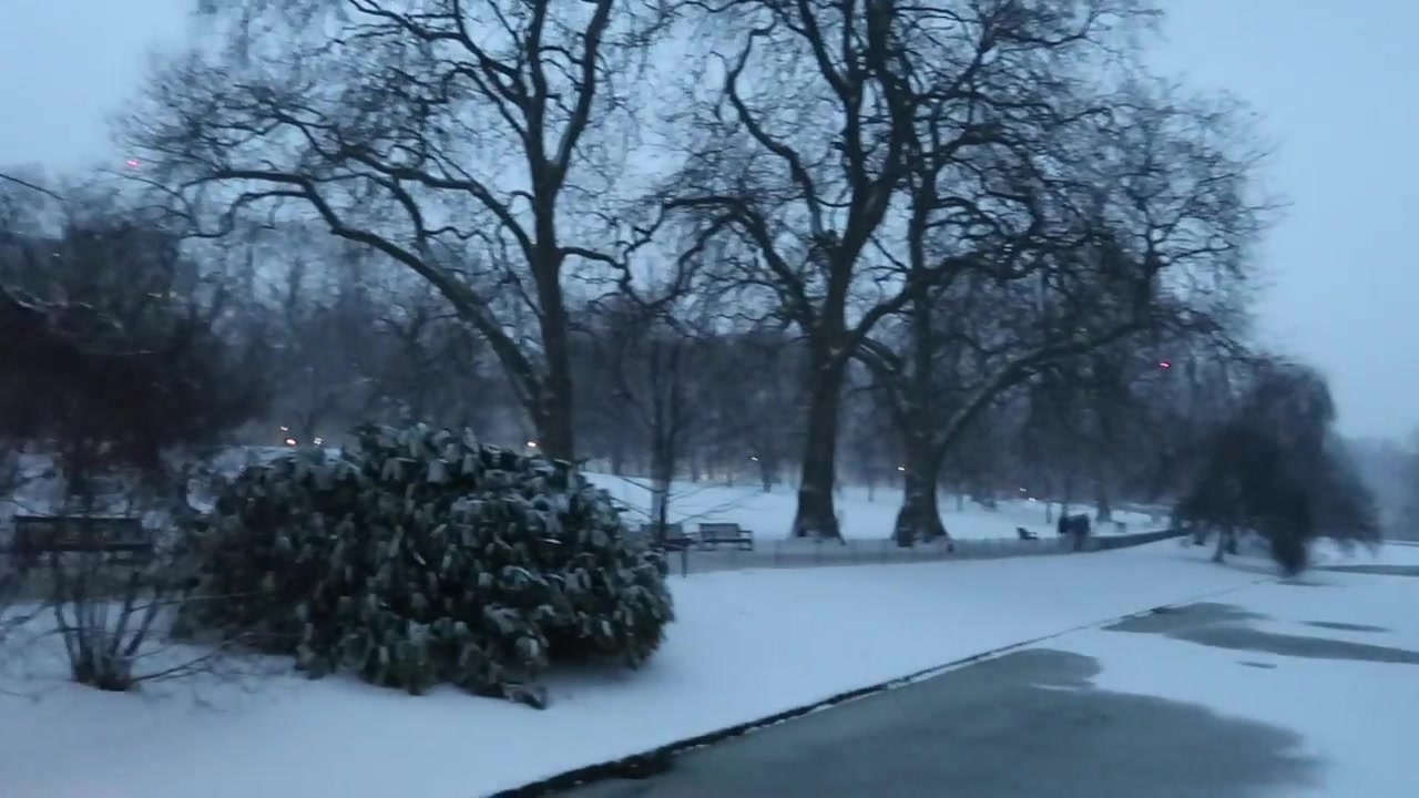 Partly frozen lake and snow-covered trees in St James’s Park