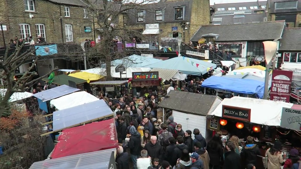 Street-food stalls trading in Camden Market's Global Kitchen during April 2016.