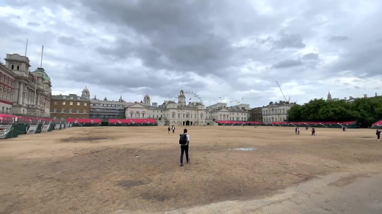 Horse Guards Parade with temporary red grandstands prepared for the 2022 Platinum Jubilee