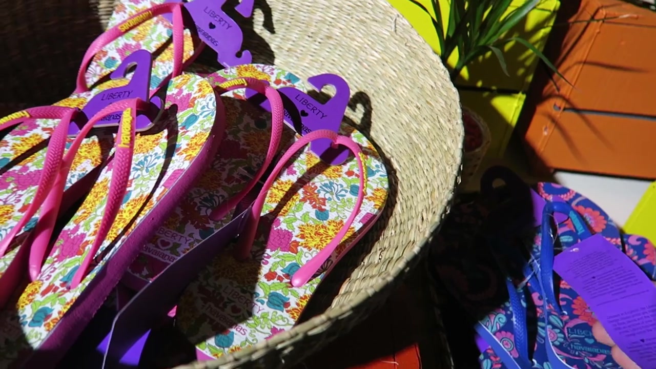 Pink and purple Havaianas with floral Liberty-print footbeds