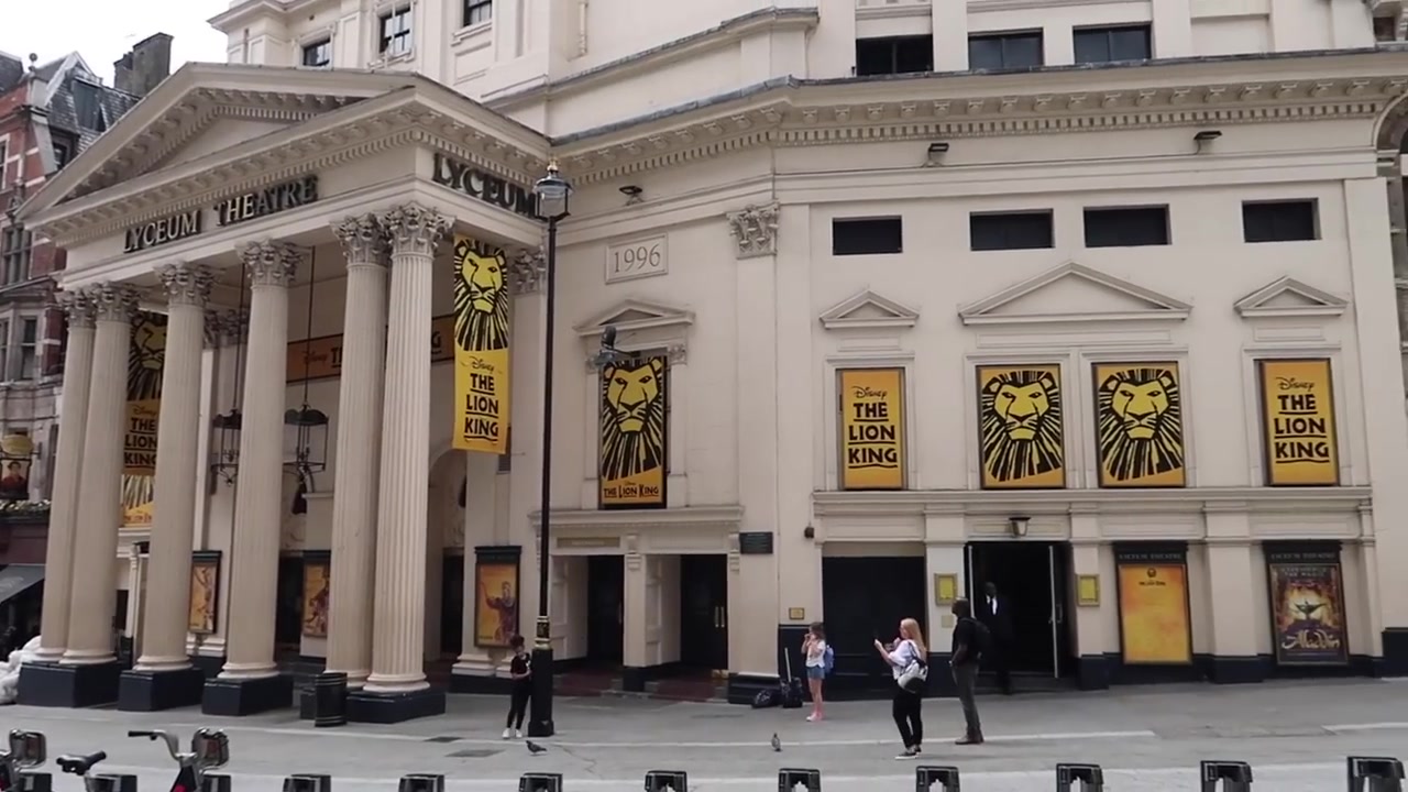 Lyceum Theatre in London displaying banners for The Lion King in 2018