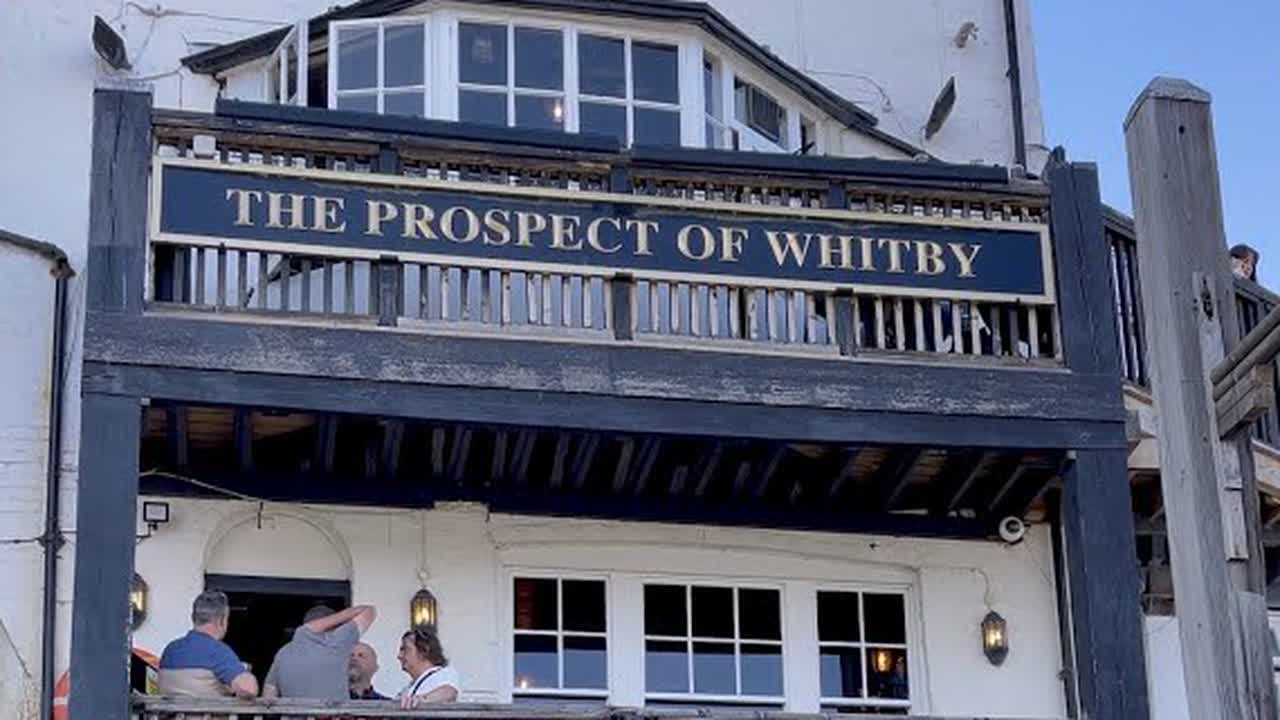 The Prospect of Whitby sign above the pub’s wooden riverside balcony in Wapping.