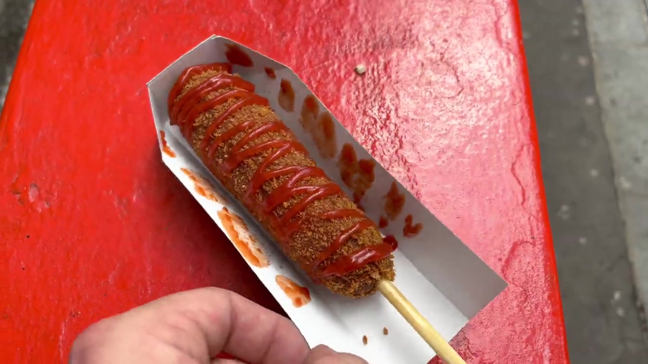 A Korean corn dog from Bunsik near Leicester Square during the 2022 Roberts London walk.
