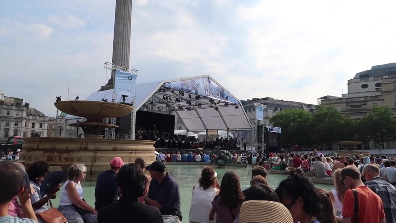BMW Classics stage and audience beneath Nelson’s Column in Trafalgar Square