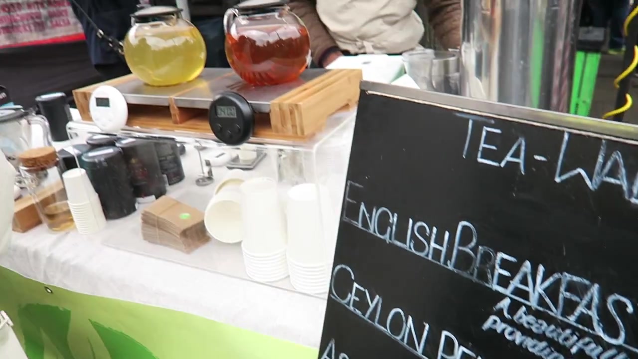 Tea Wallah stall, tea menu and sample jugs at Camden Market in April 2016.