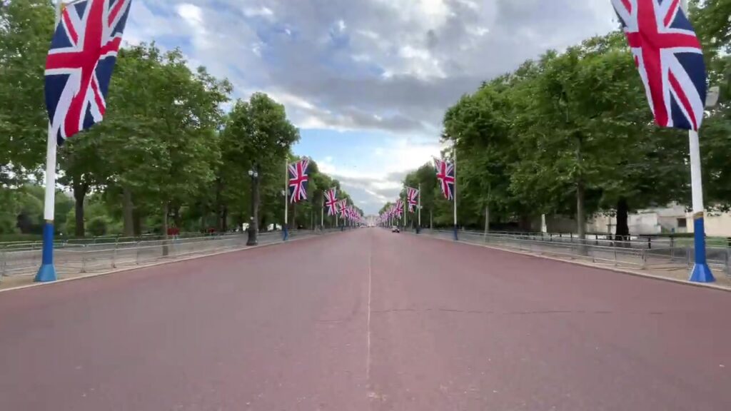 The Mall lined with Union flags during preparations for Queen Elizabeth II’s Platinum Jubilee