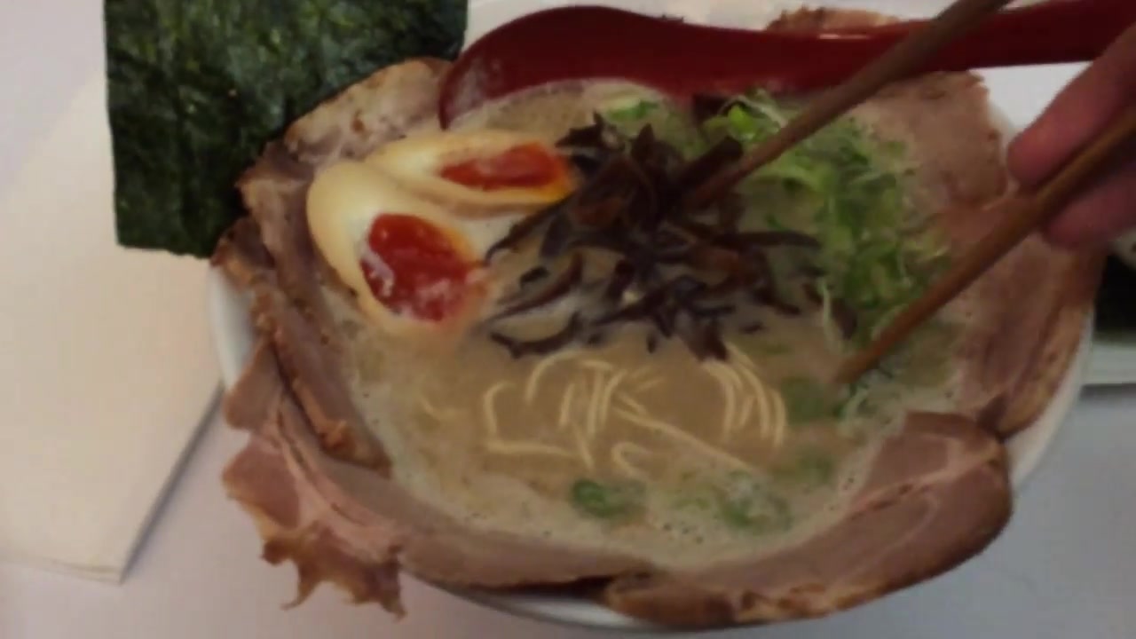 Bowl of Kanada-Ya tonkotsu ramen with pork egg seaweed and spring onion in 2015