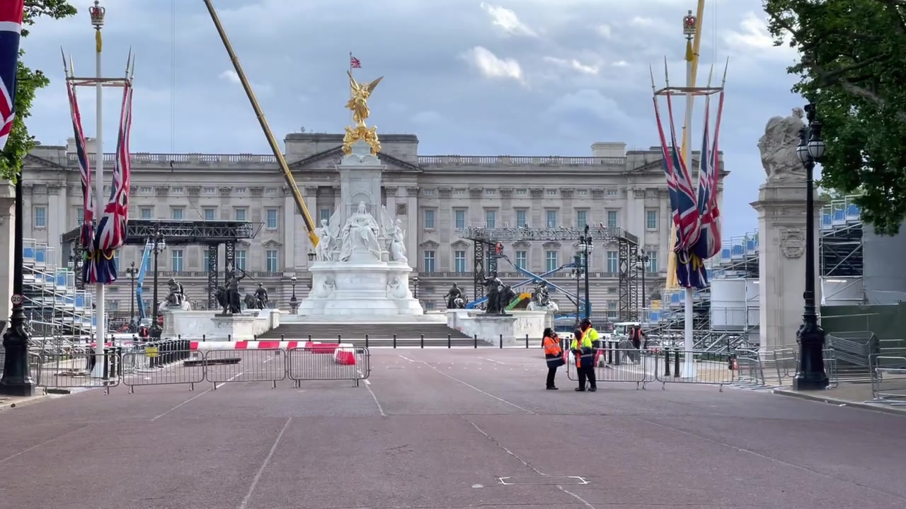 Buckingham Palace and the Victoria Memorial surrounded by Platinum Jubilee event preparations