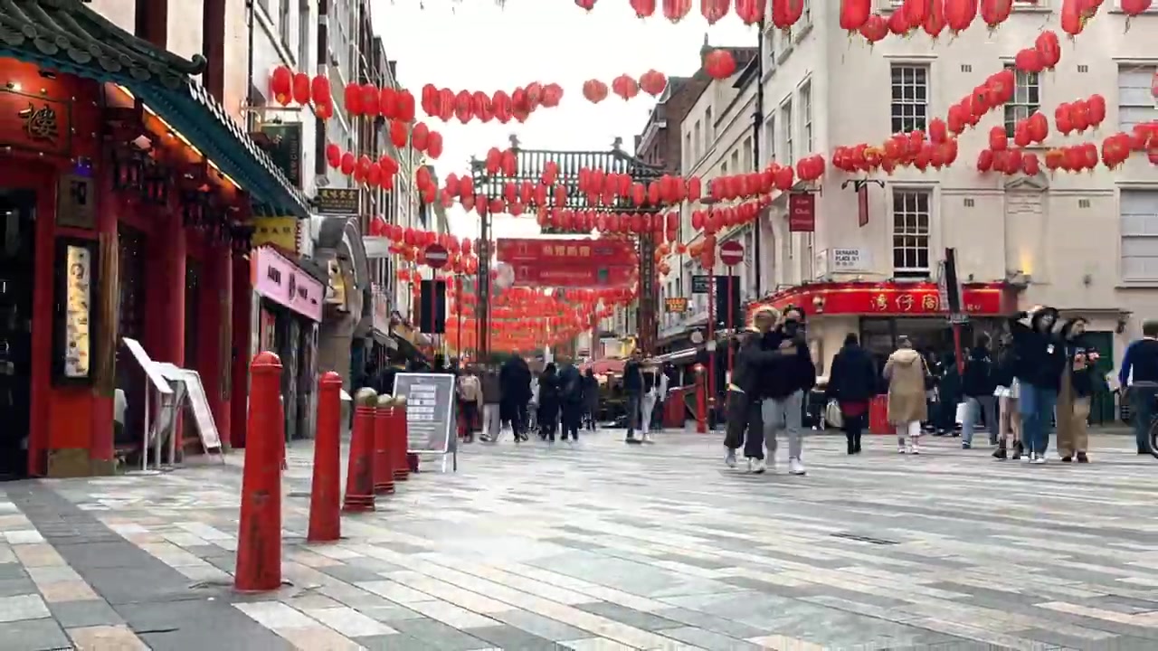 Red lanterns and restaurant frontages in London’s Chinatown during June 2022.