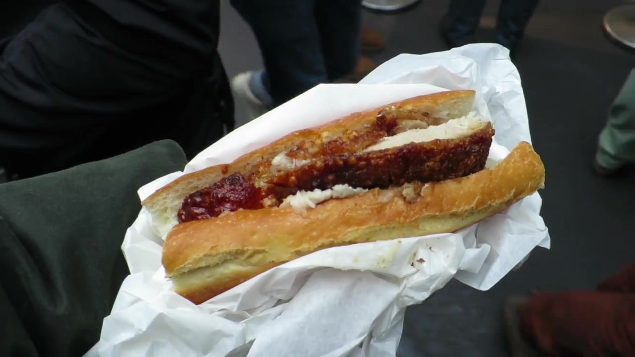 Roast meat and crackling baguette bought at Borough Market in 2015