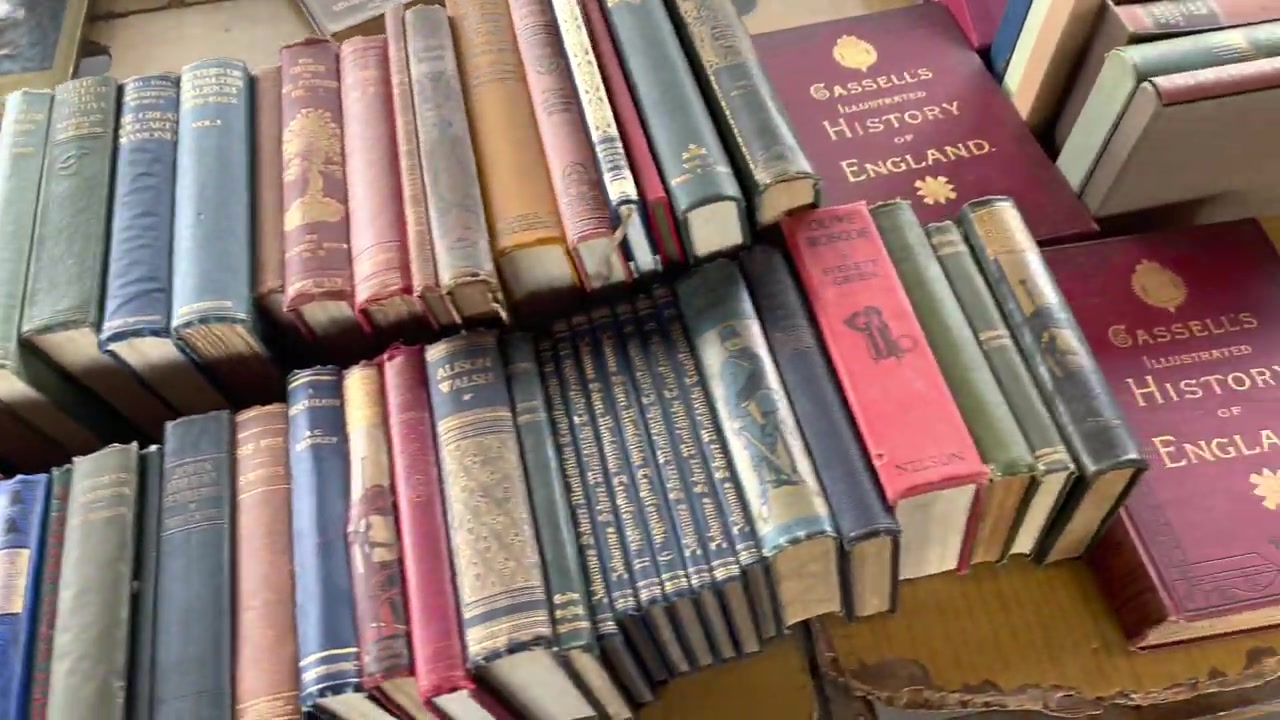 Vintage hardback books displayed at the South Bank Book Market beneath Waterloo Bridge.