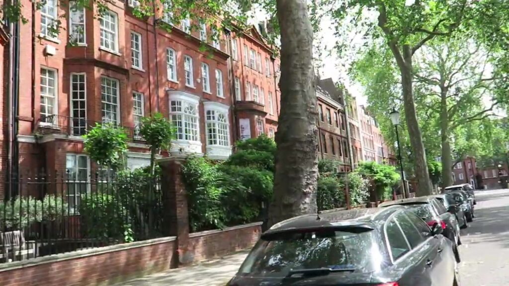 Tree-lined Cheyne Walk with red-brick Chelsea townhouses