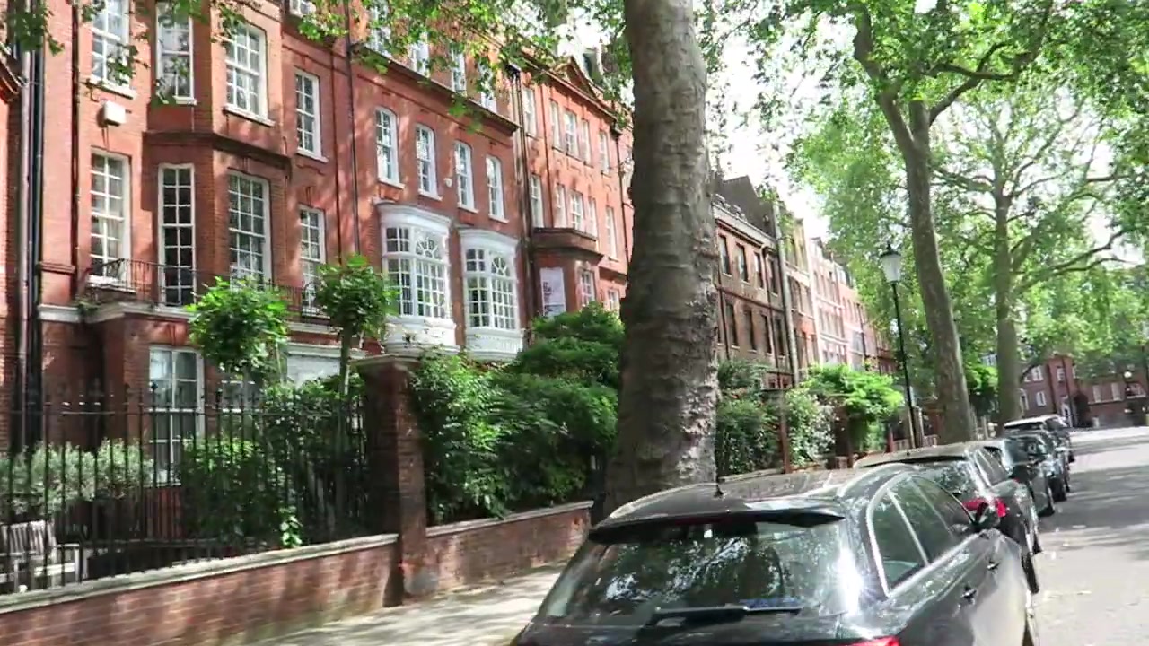 Tree-lined Cheyne Walk with red-brick Chelsea townhouses