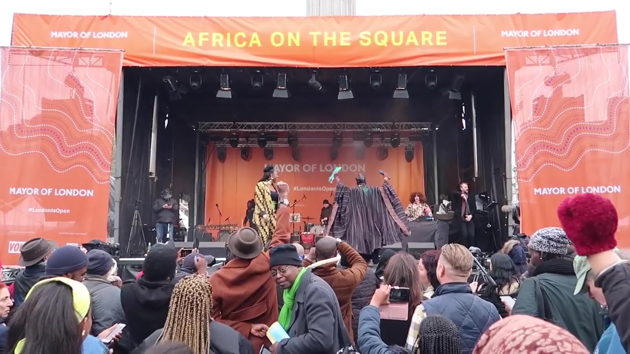 Performers on the Africa on the Square stage in Trafalgar Square