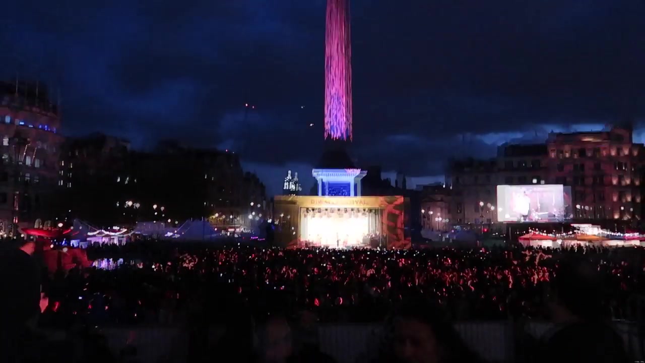 Crowds and colourful lights at Trafalgar Square during Diwali 2018