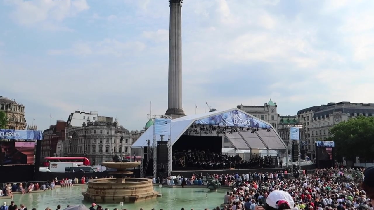 Large concert screen and BMW Classics stage in Trafalgar Square