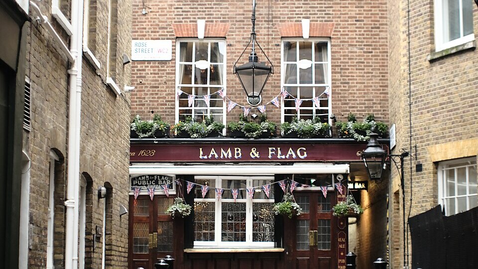 The Lamb & Flag pub entrance at the end of Rose Street in Covent Garden