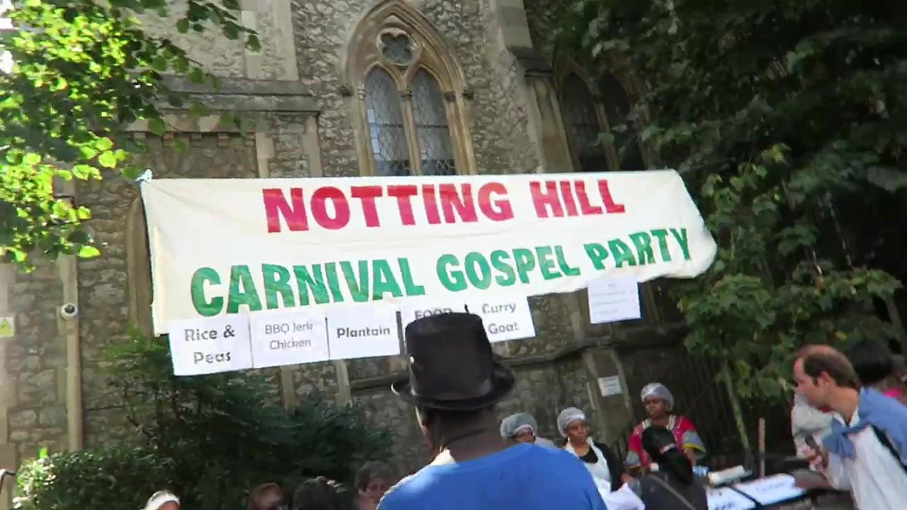 Notting Hill Carnival Gospel Party banner outside Kensington Temple