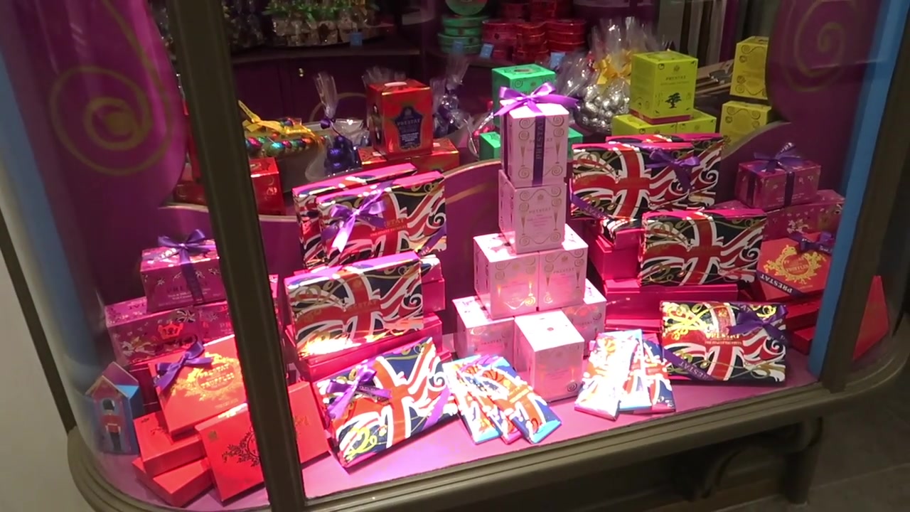 Boxes of Prestat chocolates displayed in Princes Arcade London